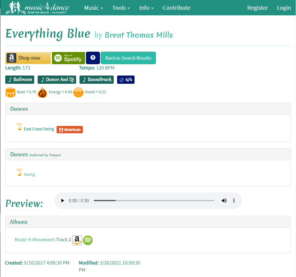 Original version of a song page on music4dance.net