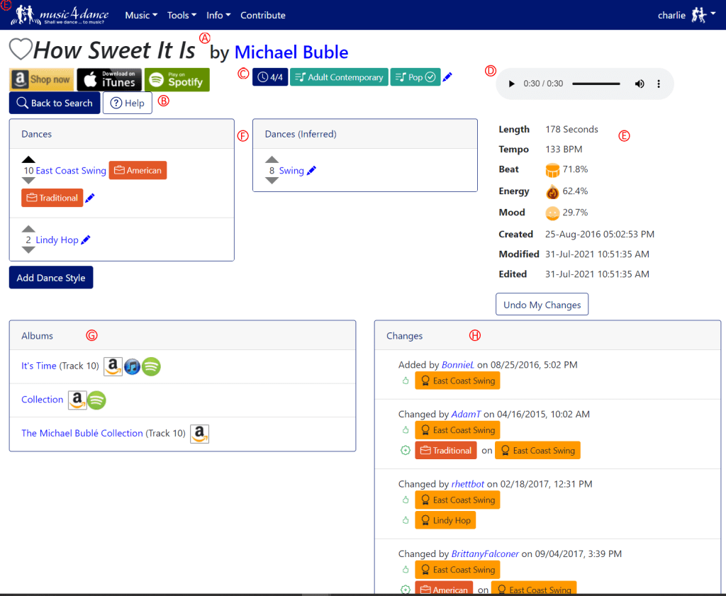 Screen shot of dance details page in view mode.
