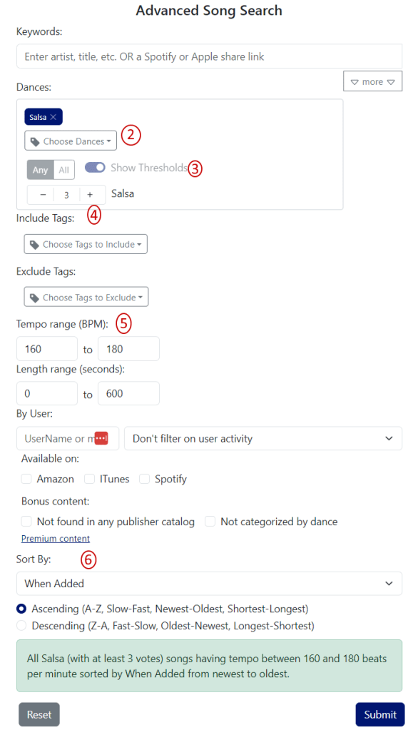Advanced Search with Dance Thresholds