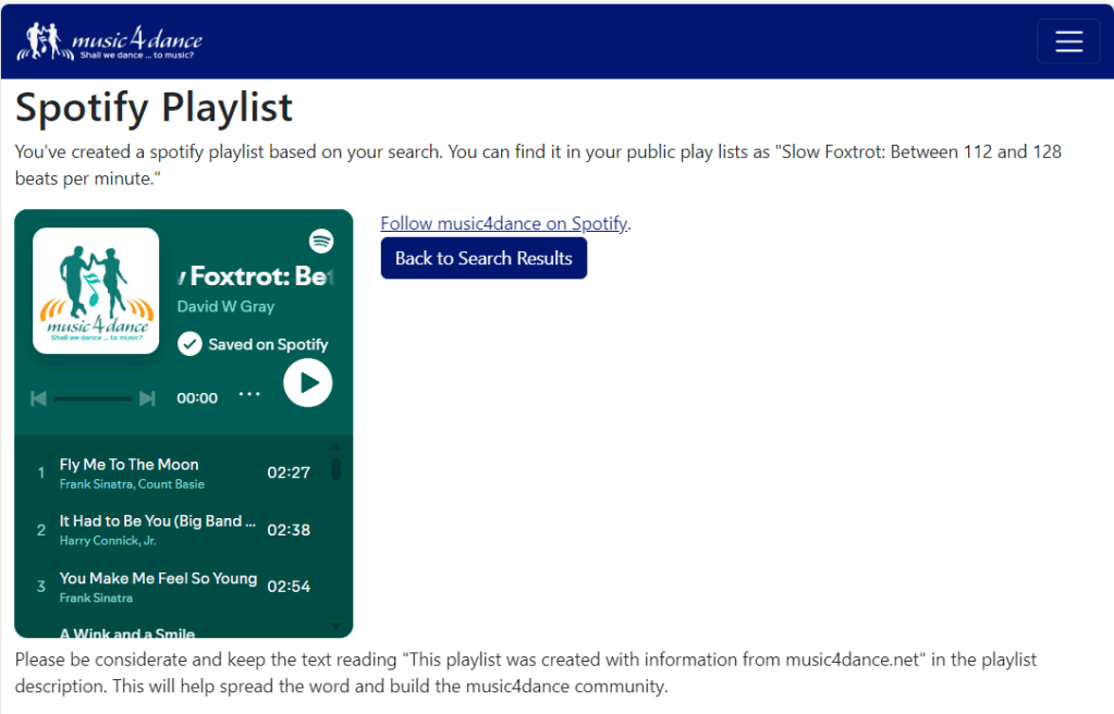 Results of creating a Spotify Playlist