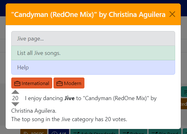 An example of a dance modal for Jive on Candyman.