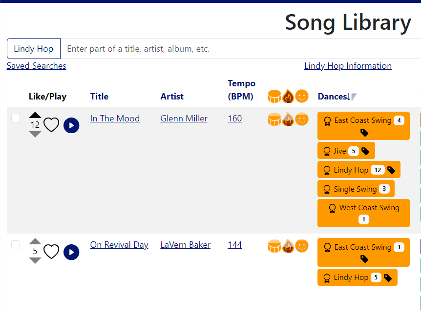 A snap-shot of the song library filtered on Lindy Hop