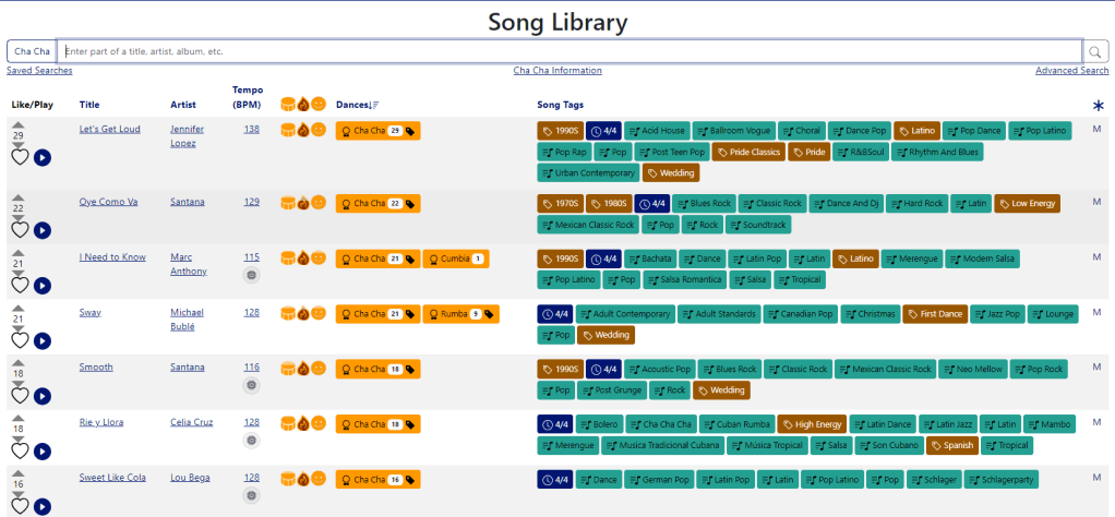 Image of the song library with algorithmic tempo icons