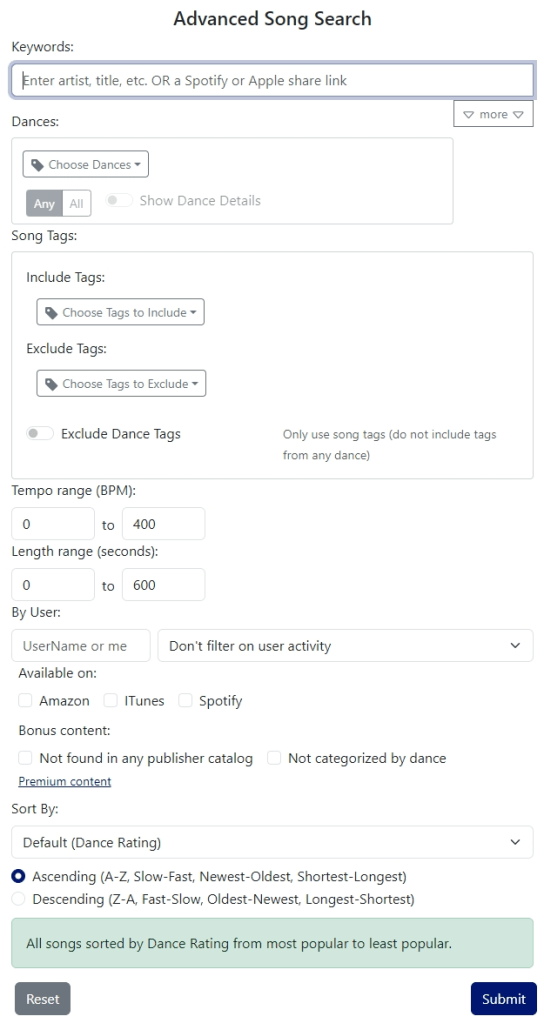 Advanced Song Search Page