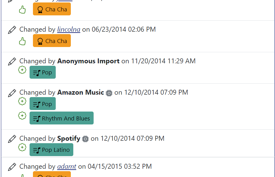 Enhanced song history including algorithmically generated tempos and tags.