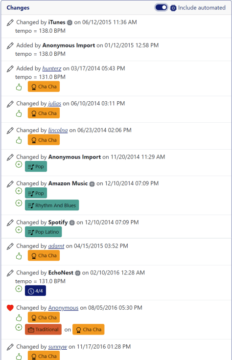Enhanced song history including algorithmically generated tempos and tags.
