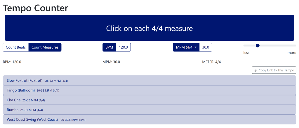The Tempo Counter set to Count Measures, showing 120.0 BPM and 30.0 MPM in 4/4. A Copy Link to This Tempo button sits above a list of matching dances: Slow Foxtrot, Tango, Cha Cha, Rumba, and West Coast Swing, each with its range in measures per minute followed by (4/4).